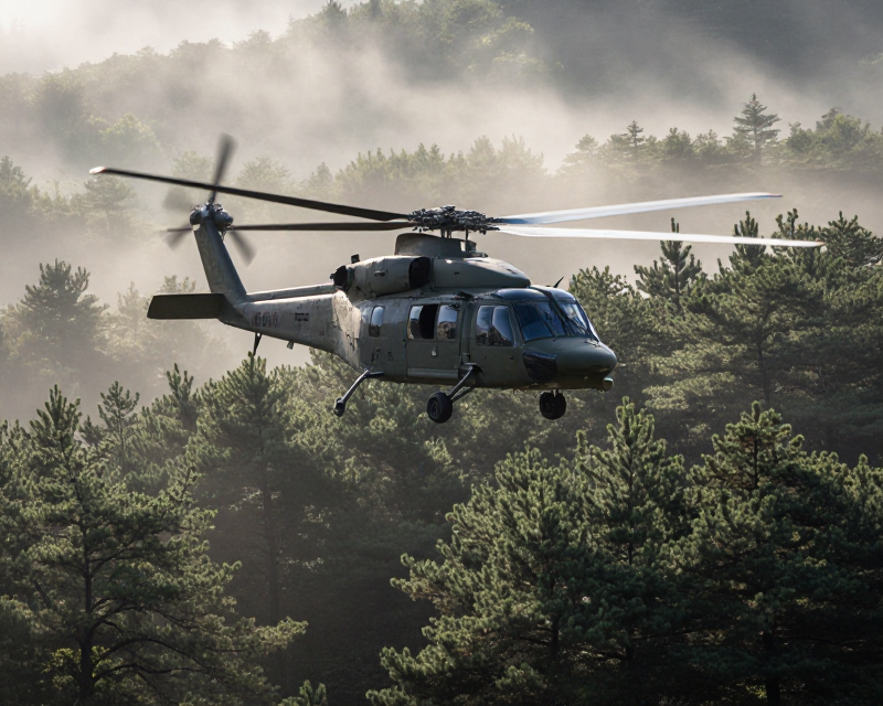 South Korean military helicopter in misty forest