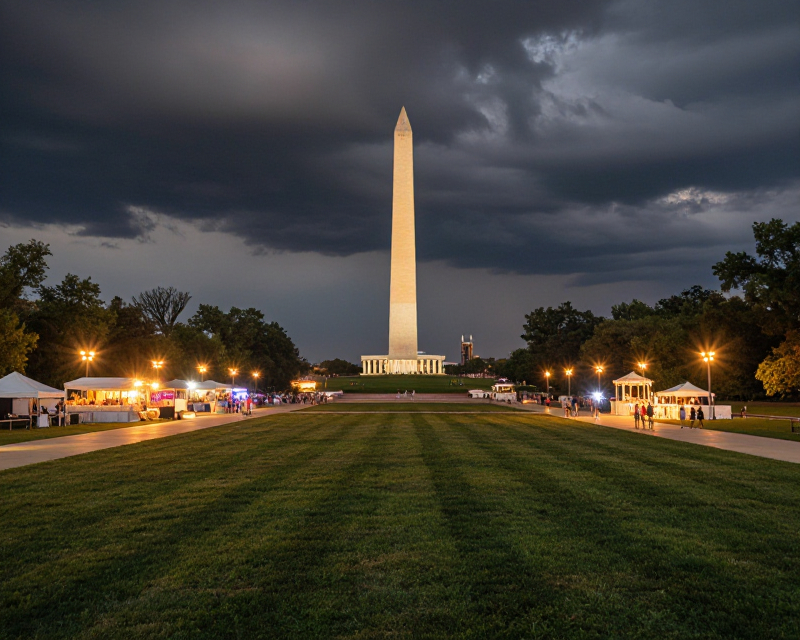 Night view of National Mall during storm