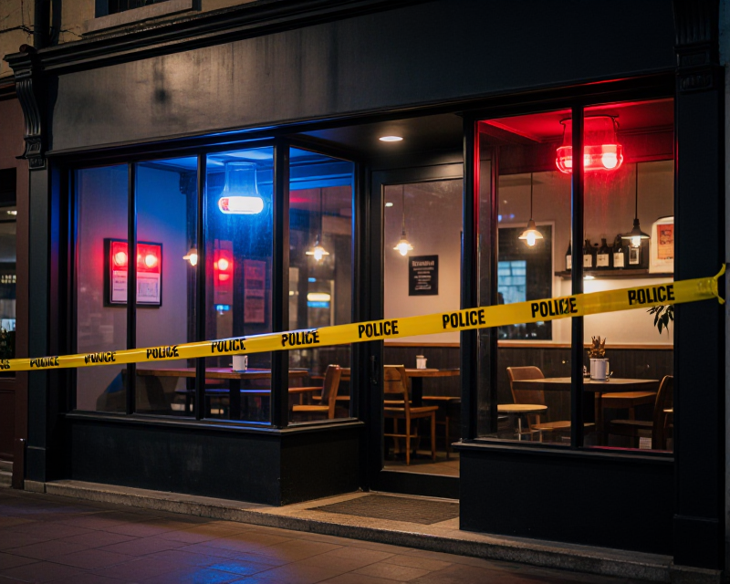 Dramatic scene of a coffee shop under police investigation